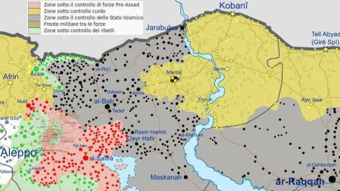 Mappa della guerra civile siriana al 9 agosto 2016 - dettaglio (Immagine Ermanarich/Wikimedia Commons)