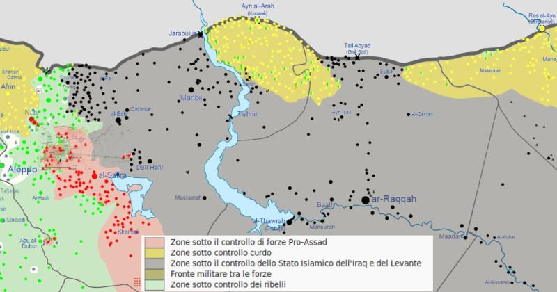 Situazione  nel Rojava centrale a inizio giugno 2015 (mappa da  Wikimedia Commons, di Splesh531)